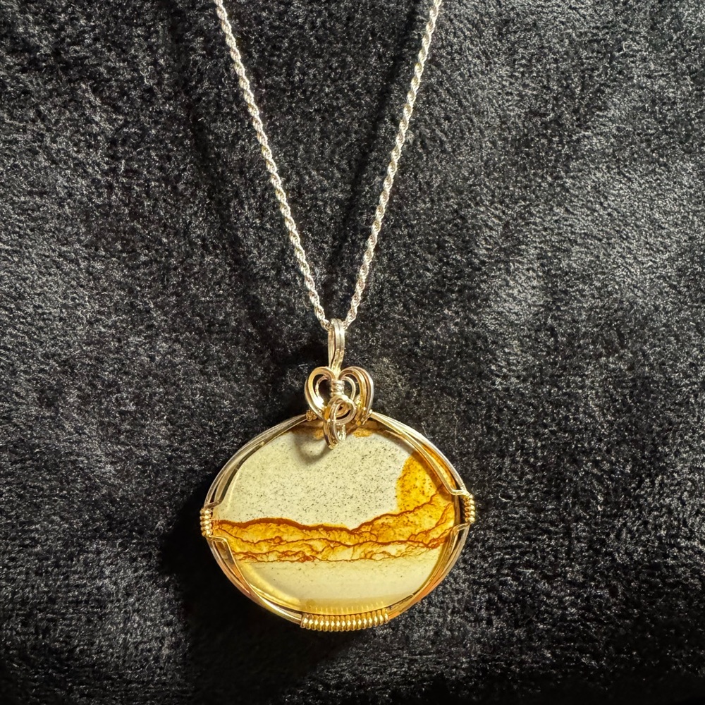 Handcrafted Landscape Jasper Pendant 925 Sterling Silver 24” Chain